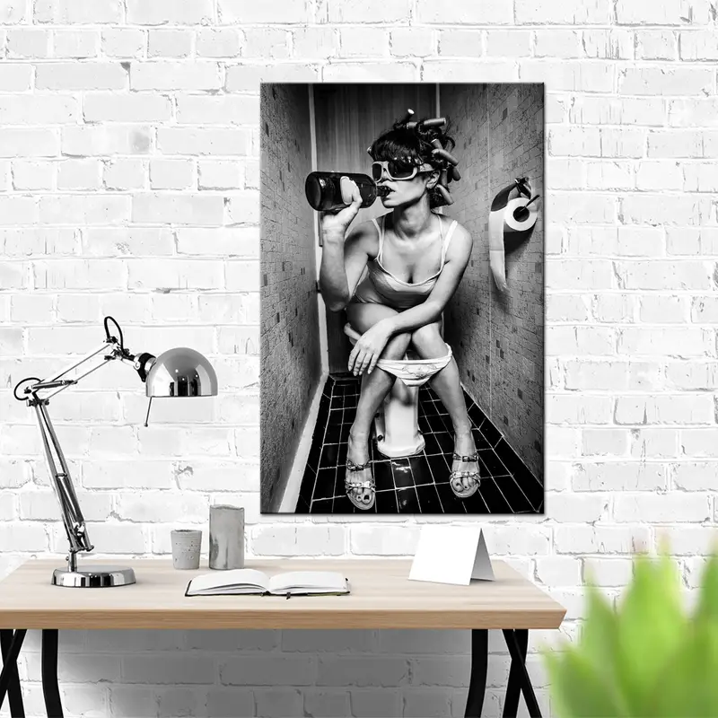 Girl on Toilet, Girl on Toilet Drinking and Smoking Prints, Girl on Toilet Drinking Print,Fashion Toilet Wall Art, Stylish Wall Art, Canvas - 2