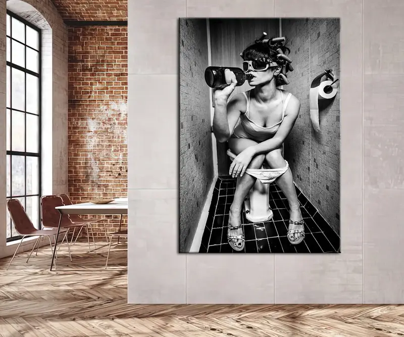 Girl on Toilet, Girl on Toilet Drinking and Smoking Prints, Girl on Toilet Drinking Print,Fashion Toilet Wall Art, Stylish Wall Art, Canvas - 4