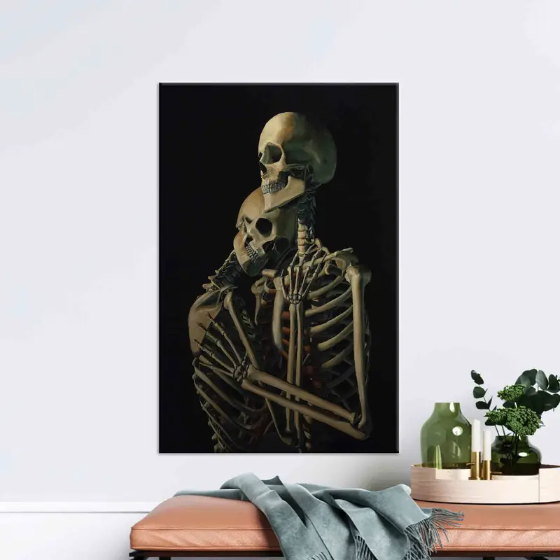 Umarmung Paar Schädelwandkunst, Leinwand Wandkunst, Skelettpaar Wandkunst, surreales Poster, umarmtes Paar Leinwandkunst, Loft Wall Art. - 1