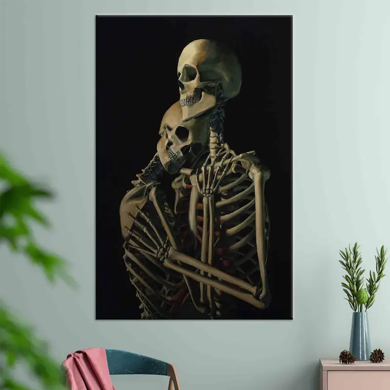 Umarmung Paar Schädelwandkunst, Leinwand Wandkunst, Skelettpaar Wandkunst, surreales Poster, umarmtes Paar Leinwandkunst, Loft Wall Art. - 3