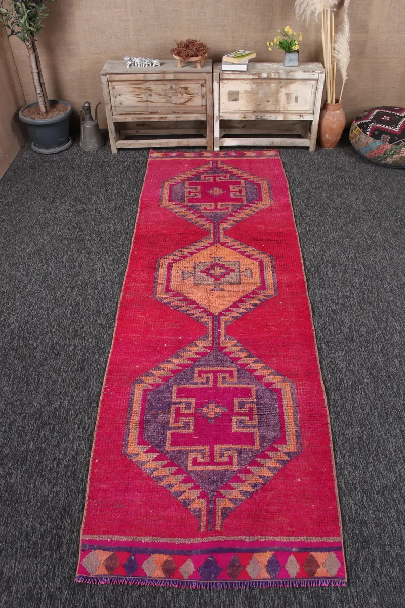 3.1x10.3 ft Vintage Turkish Rug, Runner Rug, Red Herki Rug - 1