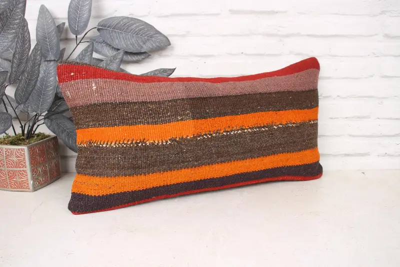 Yoga Cushion Case, Pillow, Boho Pillow, Cozy Throw Pillow Case, Oriental Cushion Cover, Home Decor Pillow, 12x24 Orange Pillow Cover, Kilim Pillow - 3