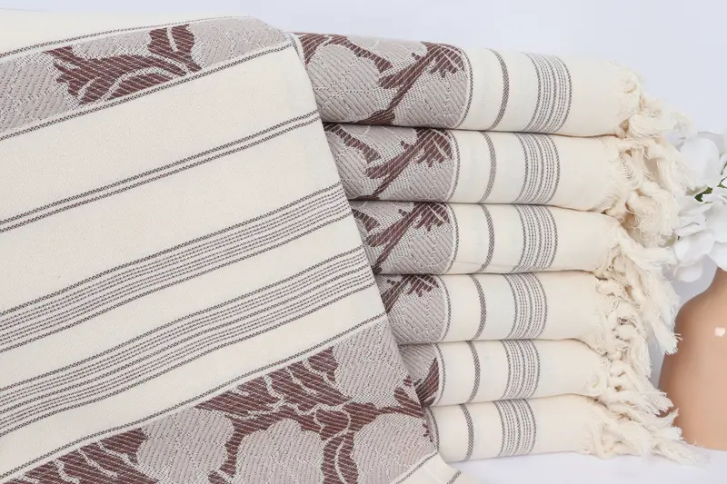 Papatya Desenli Havlu, El Yapımı Kahve-Bej Keten Havlu, 40x71 İnç