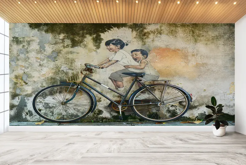 Modern Printed Bicycle Graffiti Wallpaper - Penang Street Vibe