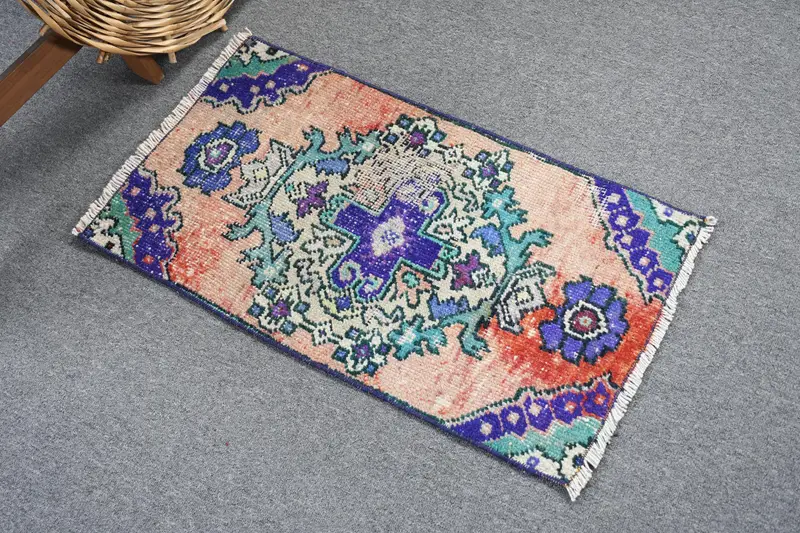 1.4x2.5 ft Small Vintage Rug, Blue Abstract Turkish Rug - 1