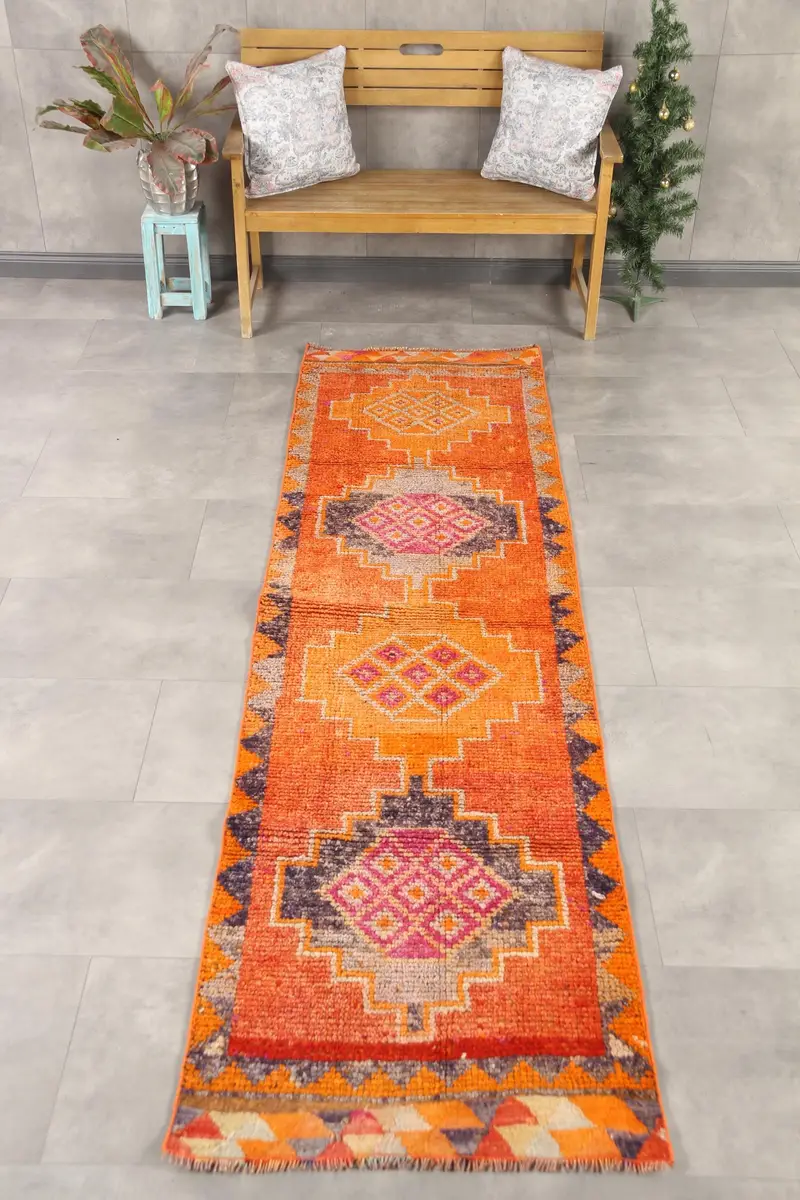 Vintage 2.6x10 ft Rug, Turkish Runner Rug, Orange Check Rug - 1