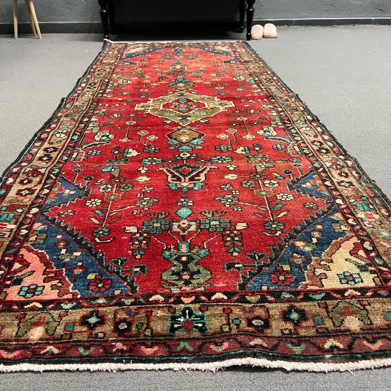 Turkish Rug, 3.5x9.2 ft Runner Vintage Rug, Oushak Red Blue Animal Print Rug - 1