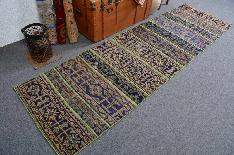 Vintage Turkish Rug 2.8x9.3 ft, Blue Oriental Wool Rug