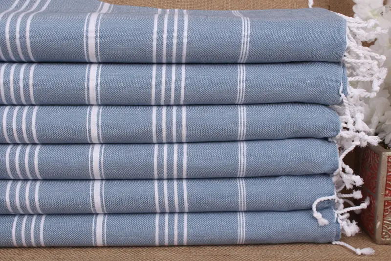 Handmade Petrol Blue Cotton Beach Towel with Beige, 40x71 Inches