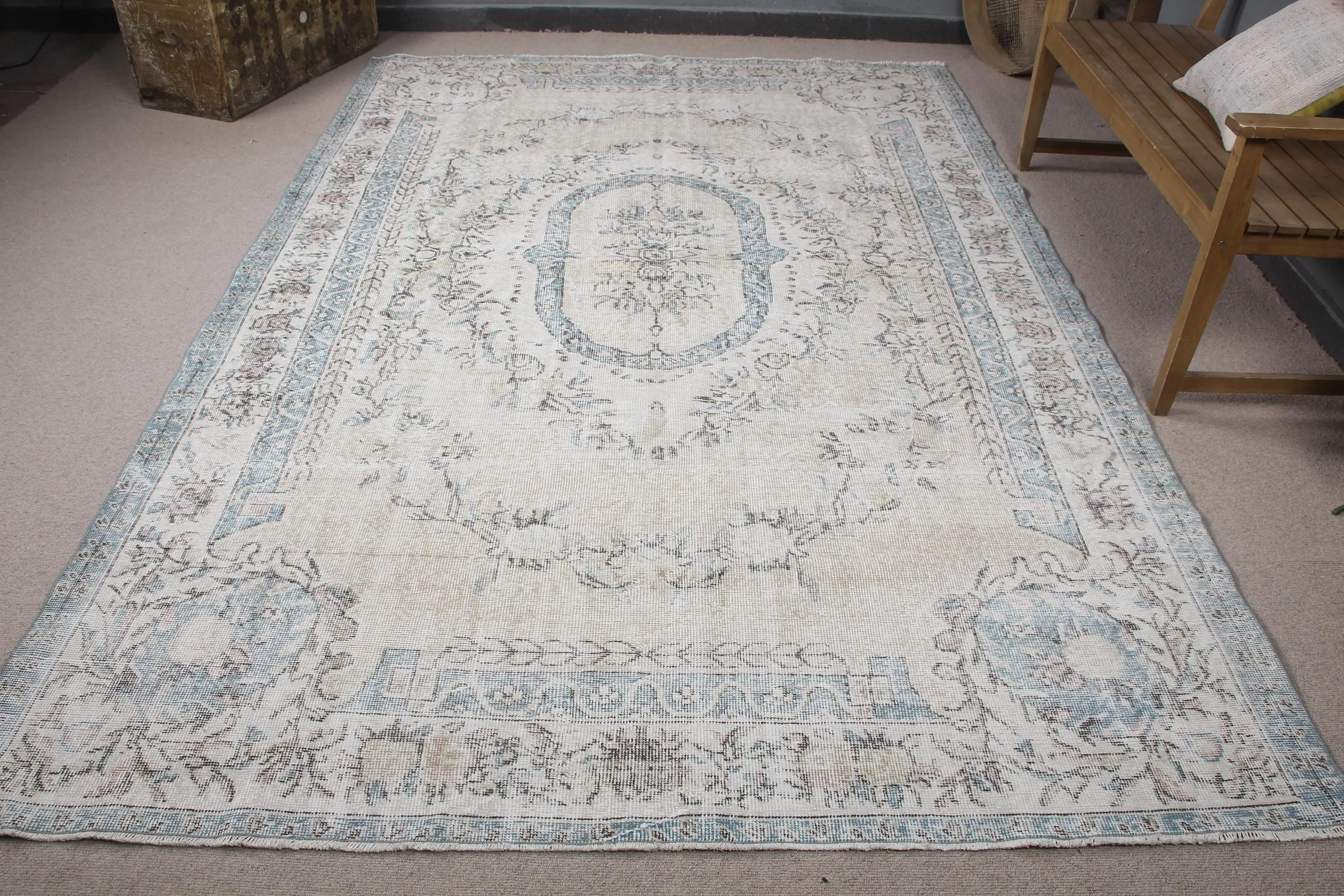 6.8x10 ft Halı, Büyük Vintage Halı, Beyaz Puantiyeli Halı - 1