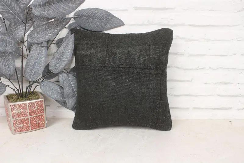 Turkish Kilim Pillow, Turkish Corner Pillow Case, Antique Pillows, 14x14 Brown Pillow Cover, Gift Pillow, Pillow Sham, Ikat Cushion Case - 1