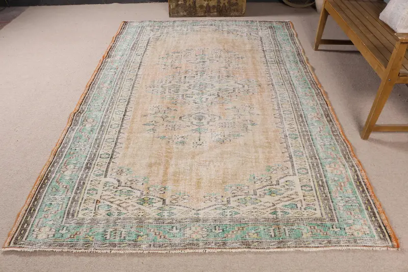 5.7x8.6 ft Vintage Halı, Oushak Halı, Mavi Güneybatı Halı Yünü - 1