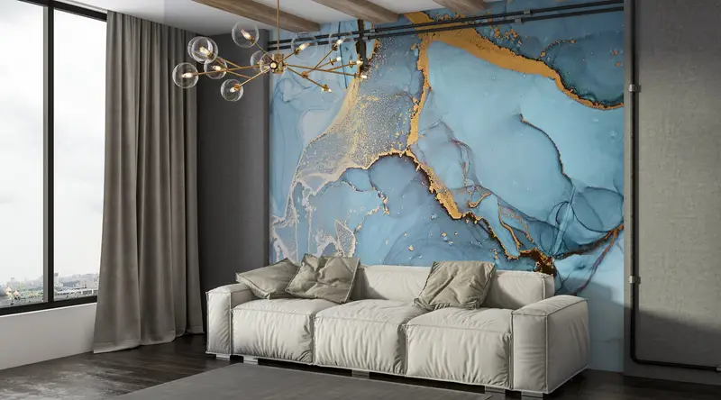 Gold Marble Wall Print, Custom Wall Paper, Paper Wall Art, Blue And Gold Marble, Bright Wall Paper, Alcohol Ink Wall Paper, - 5