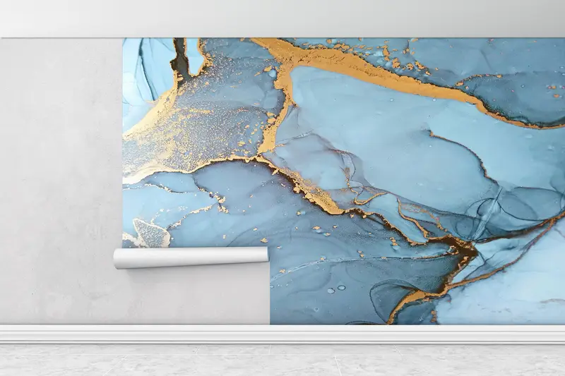 Gold Marble Wall Print, Custom Wall Paper, Paper Wall Art, Blue And Gold Marble, Bright Wall Paper, Alcohol Ink Wall Paper, - 1