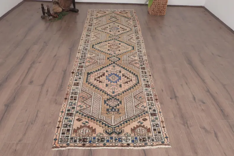 Vintage Turkish Rug, 2.9x10.4 ft Oushak Rug, Brown Blue Polka dot Rug - 1