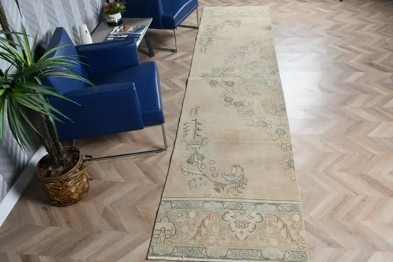 2,9x12,5 ft türkischer Teppich, Vintage Läuferteppich, braun blauer abstrakter Wollteppich - 1