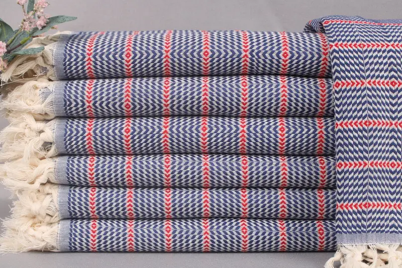Personalized Gift Box Towel, Turkish Towel, Navy Blue-Red Stripes, 40x71 Inches
