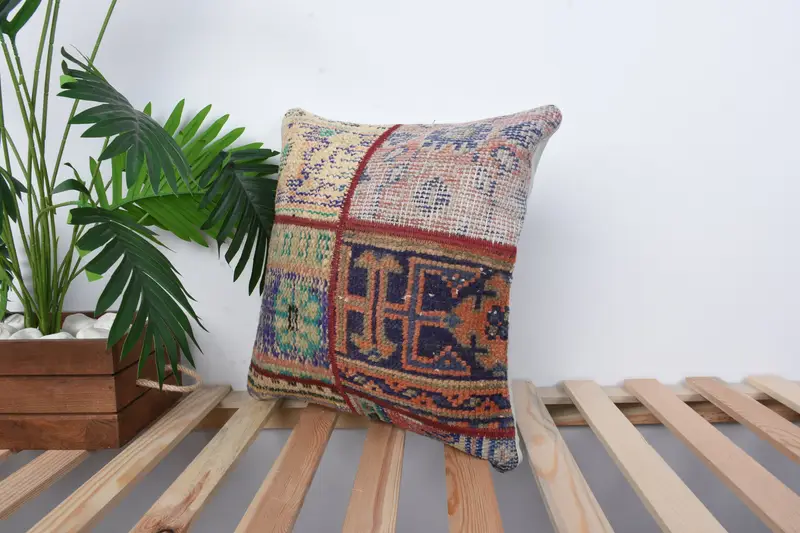 Throw Kilim Pillow, Kilim Cushion Sham, Square Throw Cushion Case, Nomadic Pillow, Vintage Kilim Pillow, Pillow Case, 16x16 Blue Cushion Cover - 5