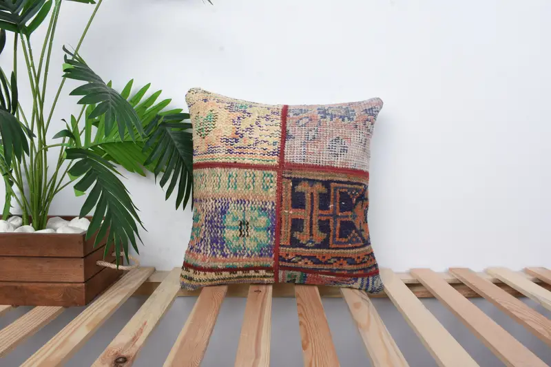 Throw Kilim Pillow, Kilim Cushion Sham, Square Throw Cushion Case, Nomadic Pillow, Vintage Kilim Pillow, Pillow Case, 16x16 Blue Cushion Cover - 1