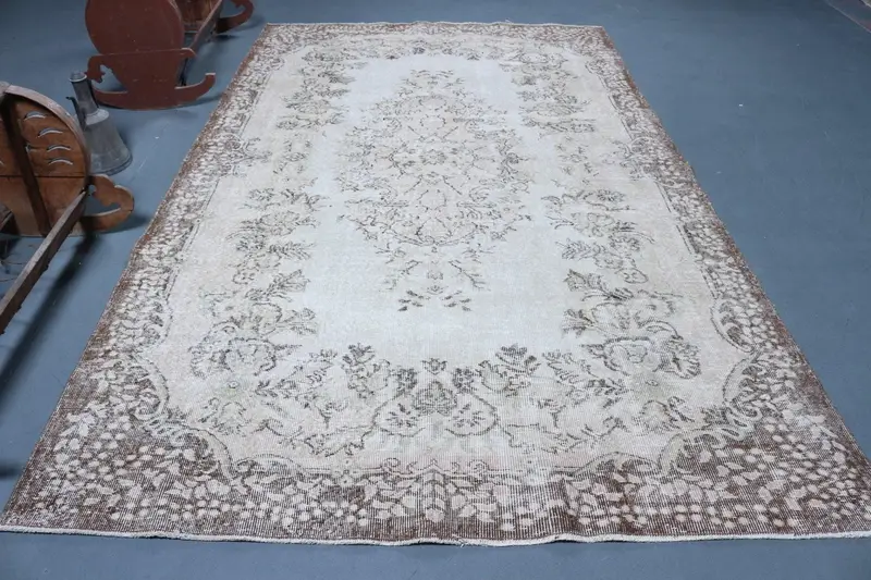 Vintage Büyük Halı 6.1x10.2 ft (187x311 cm), Oushak Kahverengi Çizgili Türk Halısı - 1