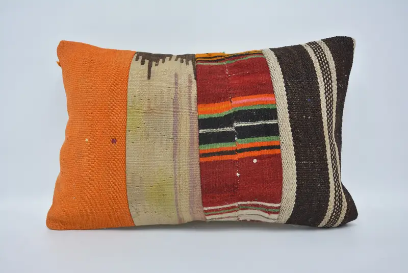 Antique Pillows, Boho Pillow, Ethnical Kilim Rug Pillow, Pillow Sham, 16x24 Orange Pillow Case, Handwoven Pillow Cover Cushion Case - 1