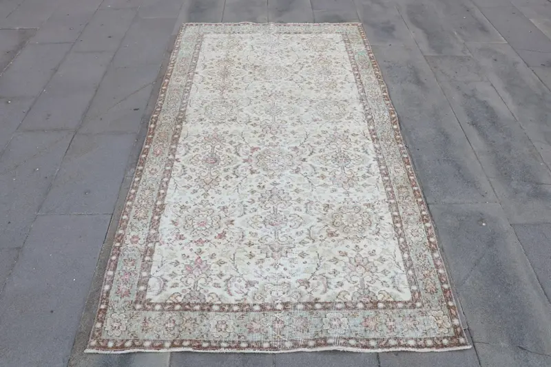 Vintage 3.8x7 ft Rug, Area Turkish Rug, Brown White Check Rug - 1