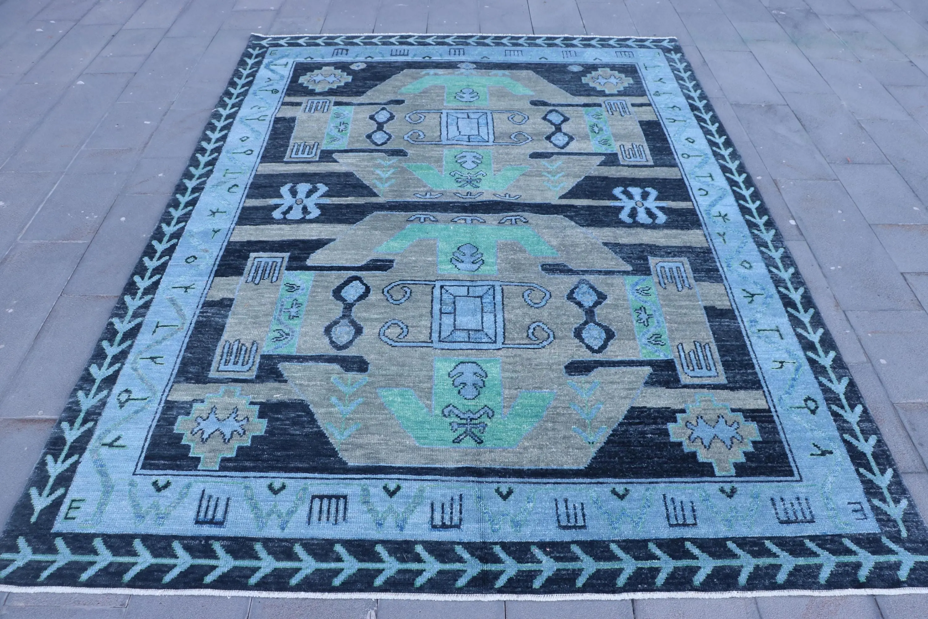 Vintage Turkish Rug, 7.9x10.8 ft Rug, Blue Green Animal Print Wool Rug - 1