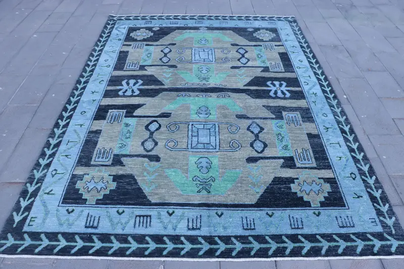 Bej ve Mavi Hayvan Baskılı Halı, 7,9x10,8 ft Şık Dekor