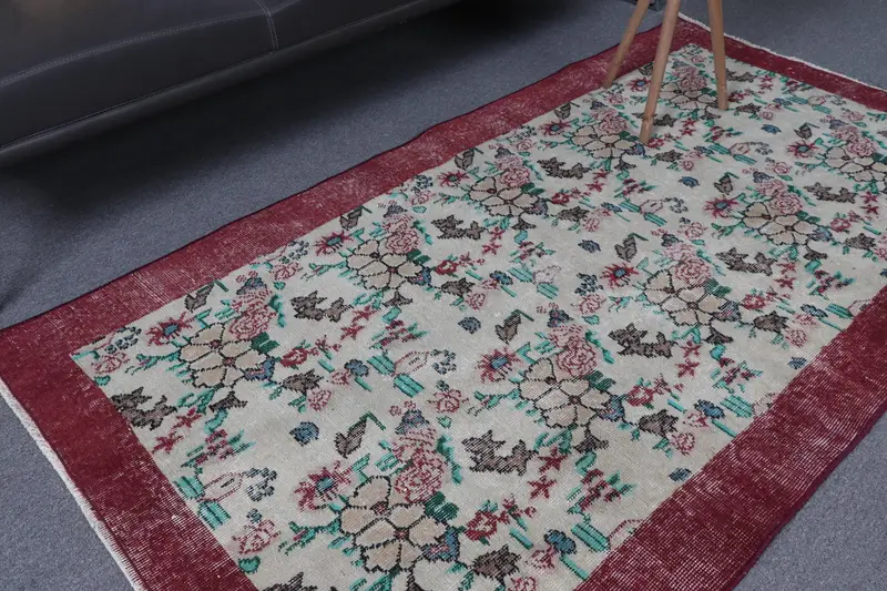 3.6x6.6 ft Vintage Oushak Halı, Türk Halısı, Kırmızı Kareli Yün Halı - 1