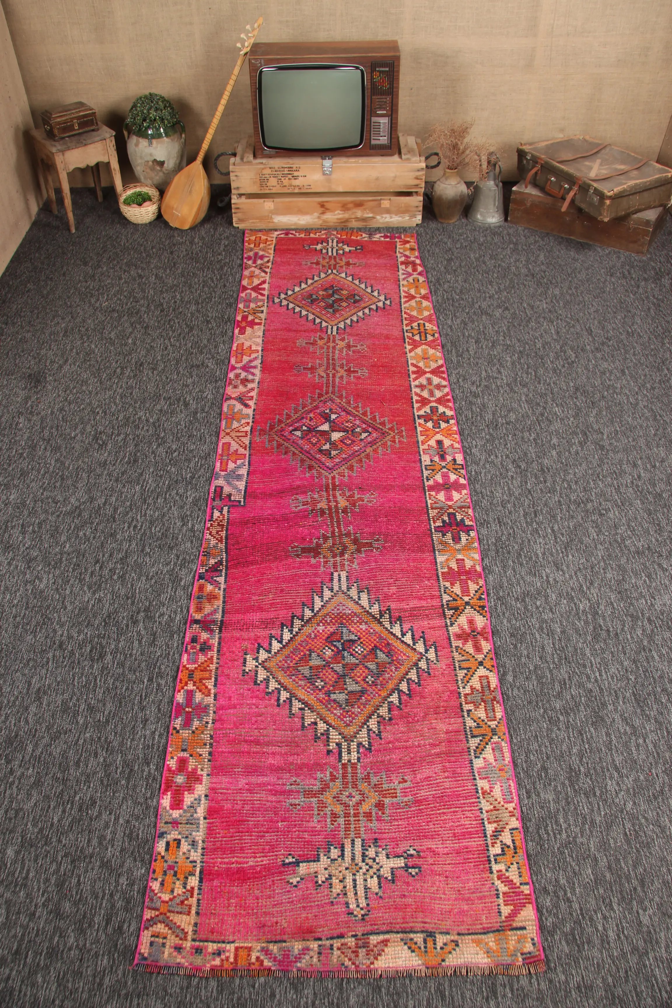 3x11,3 ft Teppich, Vintage türkischer kleiner Teppich, rosa Herki Teppich - 1