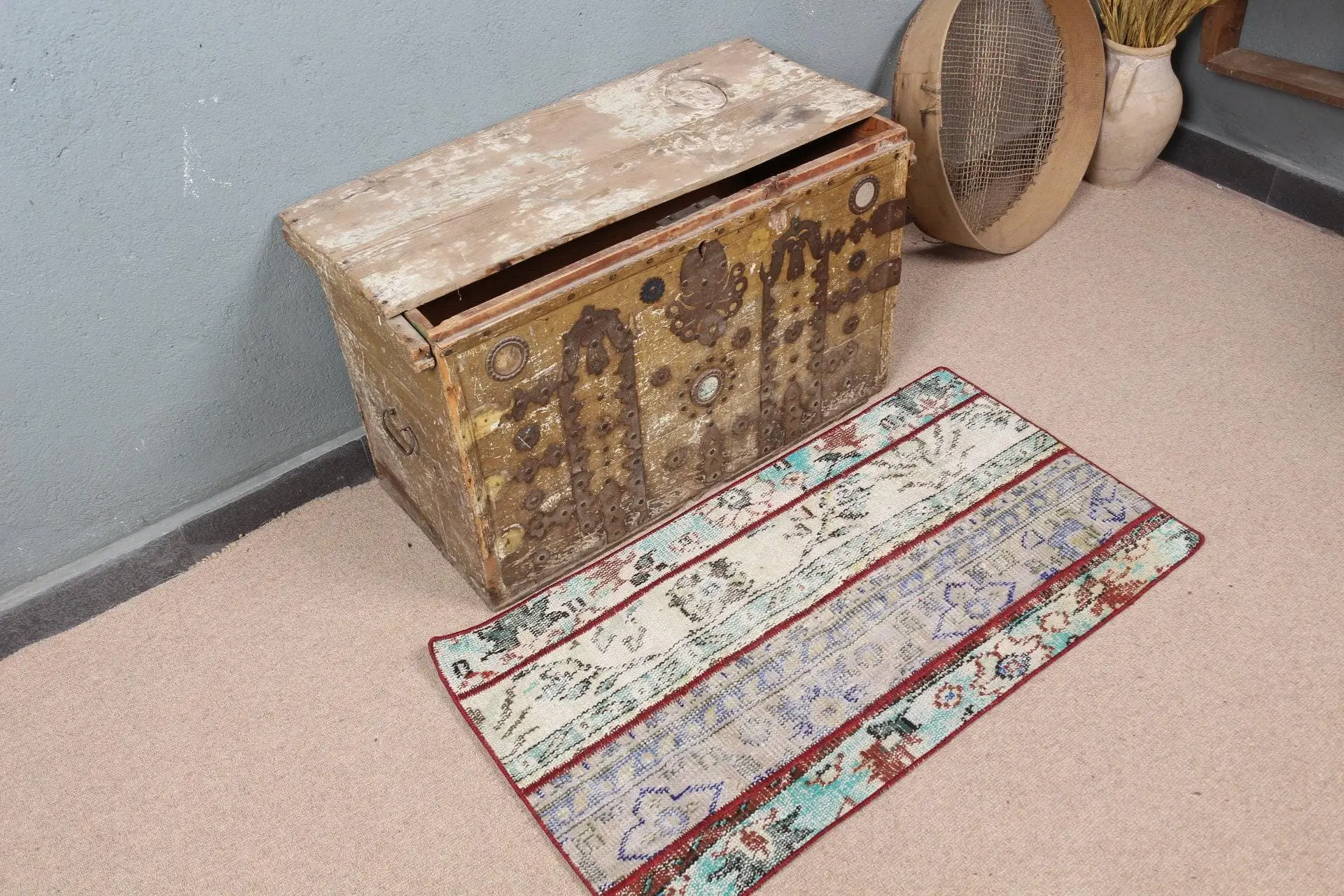 Türk Vintage Halısı 1.8x3.4 ft (56x105 cm), Mavi Yün Halı - 1