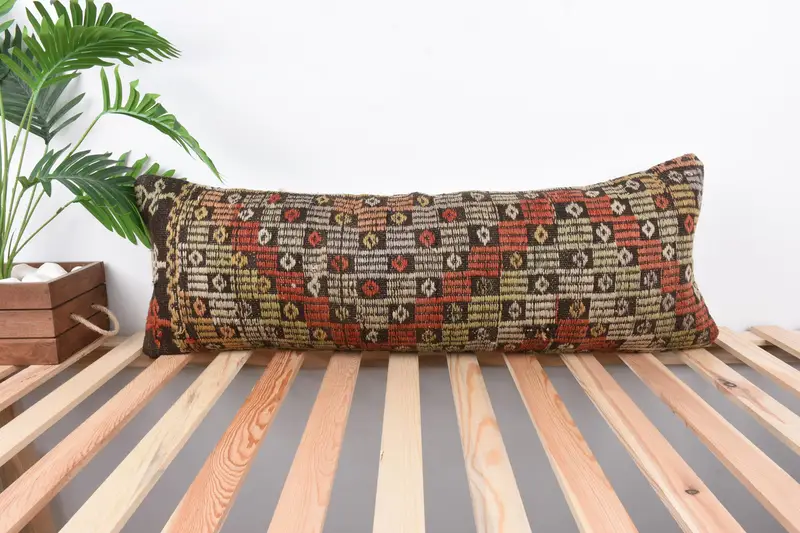 Boho Pillow, Knitted Pillow, Vintage Kilim Throw Pillow, Kilim Pillow, Pillow Sham, 12x36 Red Pillow Case, Handmade Rug Seat Pillow Case - 1