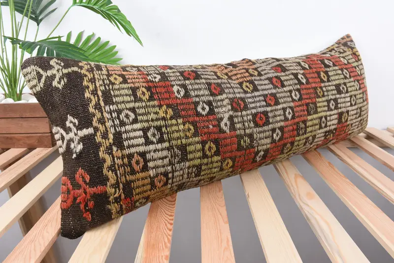 Boho Pillow, Knitted Pillow, Vintage Kilim Throw Pillow, Kilim Pillow, Pillow Sham, 12x36 Red Pillow Case, Handmade Rug Seat Pillow Case - 4