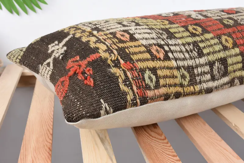 Boho Pillow, Knitted Pillow, Vintage Kilim Throw Pillow, Kilim Pillow, Pillow Sham, 12x36 Red Pillow Case, Handmade Rug Seat Pillow Case - 6