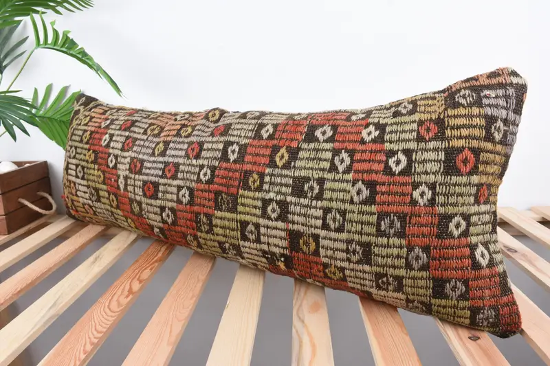 Boho Pillow, Knitted Pillow, Vintage Kilim Throw Pillow, Kilim Pillow, Pillow Sham, 12x36 Red Pillow Case, Handmade Rug Seat Pillow Case - 5