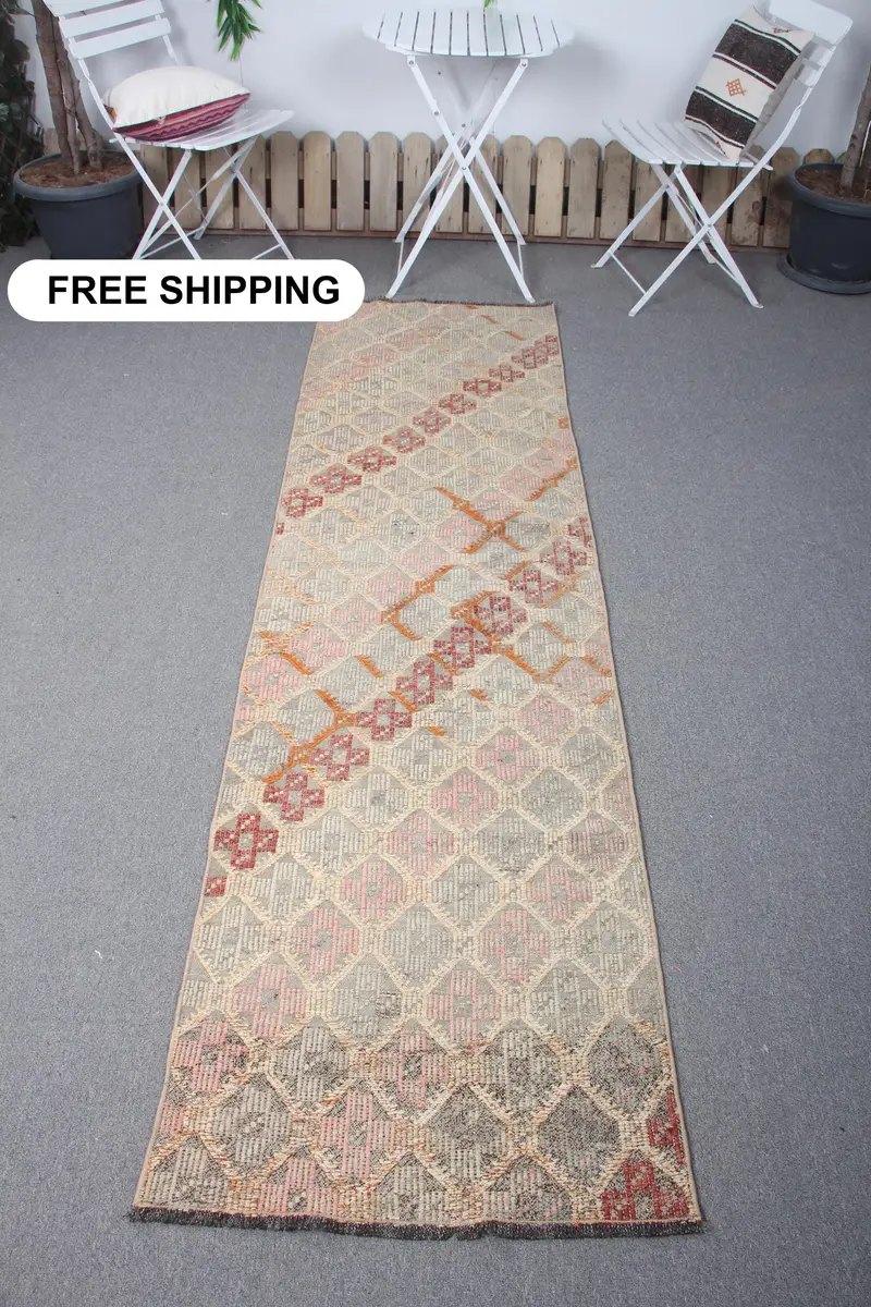 Beige & Pink Bordered Rug, 2.3x8.4 ft Chic Decor