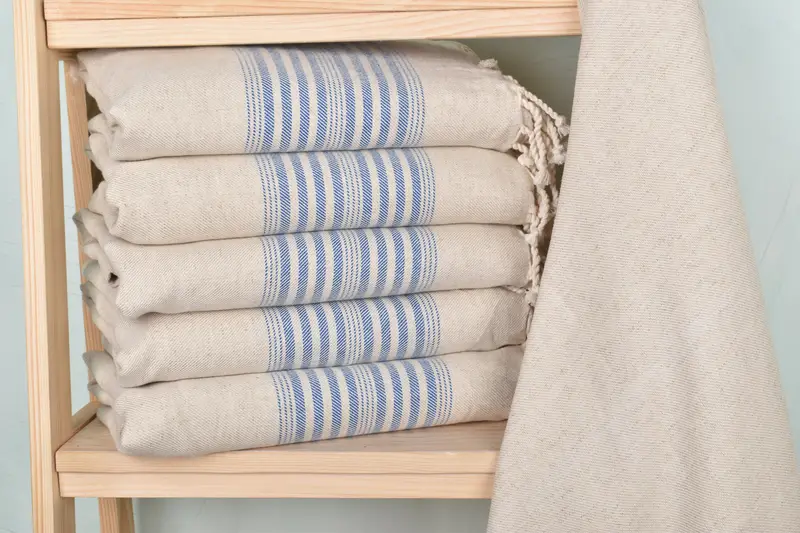 Turkish Towel Striped Sax Blue Linen Beach Towel, 40x79 Inches