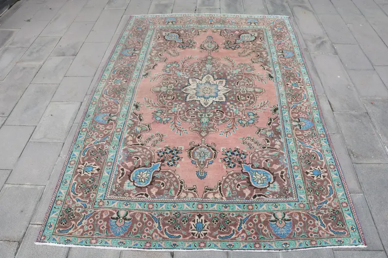 6.4x9.6 ft Turkish Rug, Vintage Large Rug, Brown Blue Camouflage Rug - 1