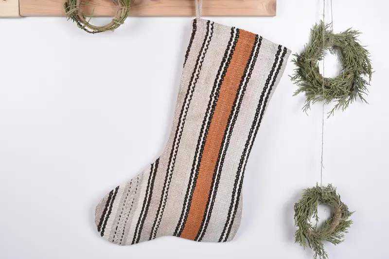Neutral Kilim Stocking with Christmas Ornaments, Hanging Christmas Stocking