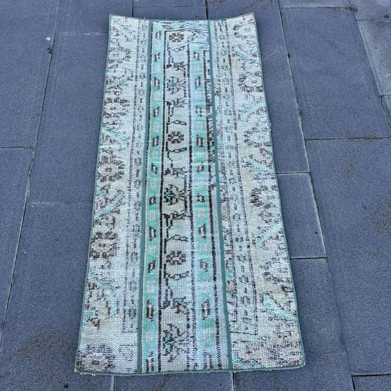 Vintage Oushak Small Rug 1.9x4.2 ft (58x129 cm), Turkish Blue Plants & trees Wool Rug - 1