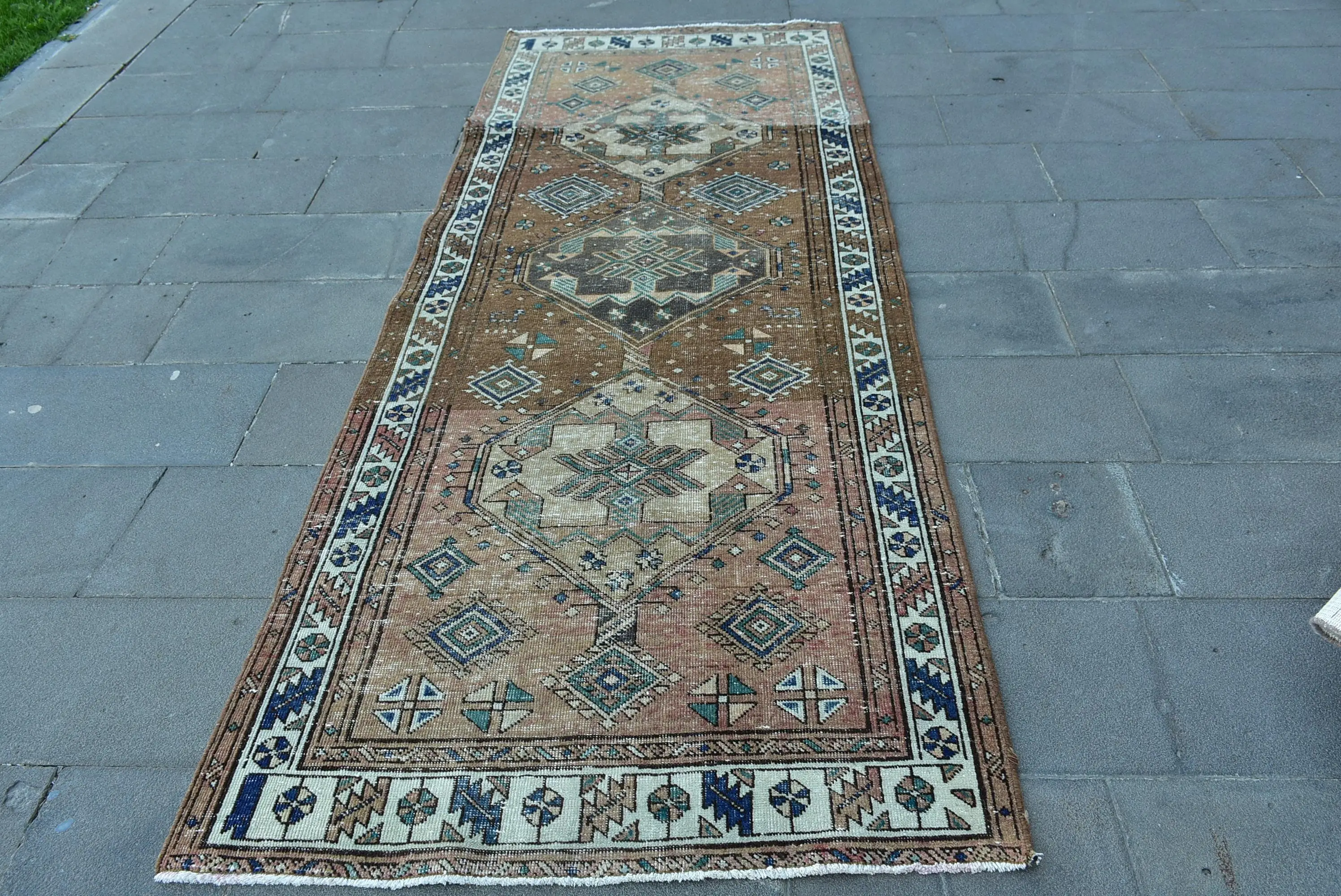 Vintage Turkish Rug, 3.6x9.2 ft Rug, Brown Runner Southwestern Rug - 1