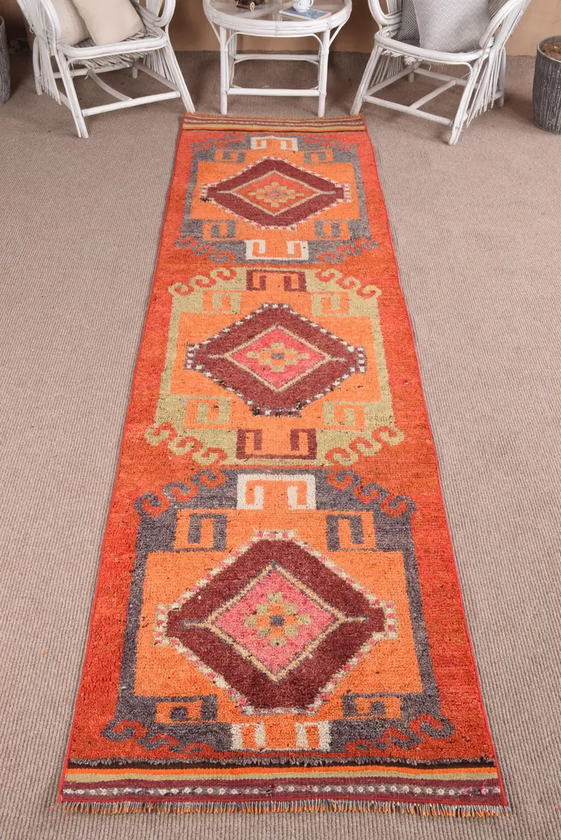 Turkish Rug, 2.9x10.8 ft Runner Rug, Orange Ombré Wool Vintage Rug - 1