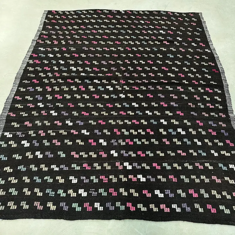 Zarif Siyah Fas Halısı, Pembe Desenli 7,4x9,2 ft