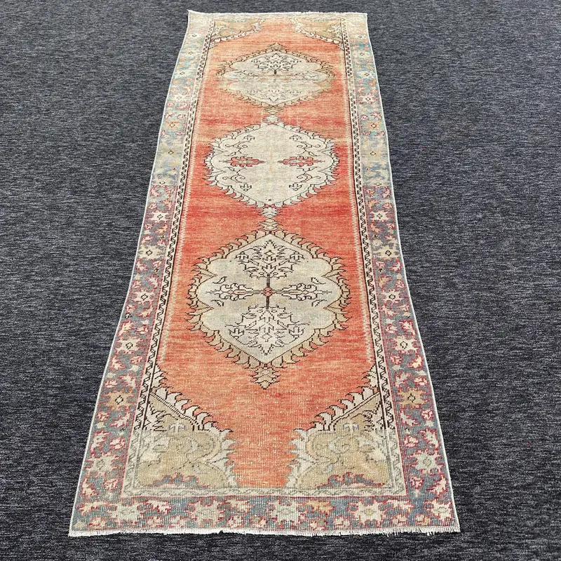 Turuncu ve Bej Halı, 0,2x0,7 ft Bitki ve Ağaç Desenli