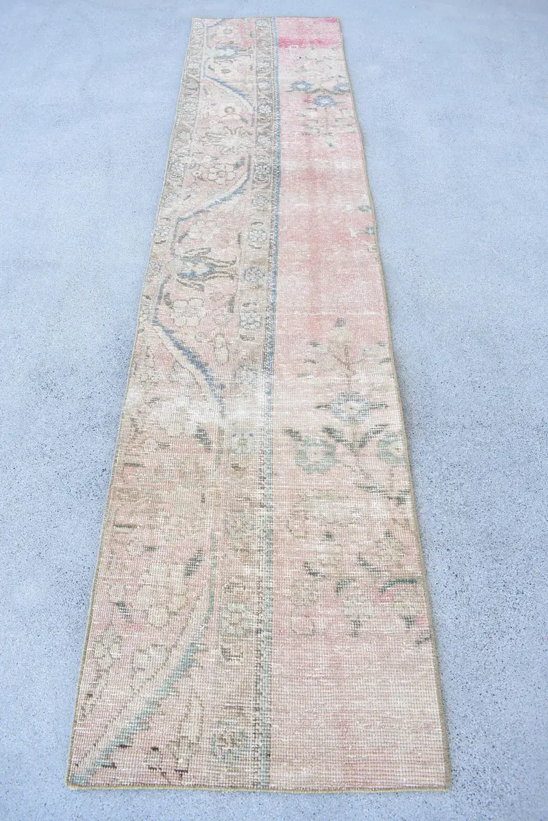 Turkish Vintage Oushak Rug 2.1x9.6 ft (64x293 cm), Pink Wool Rug - 1