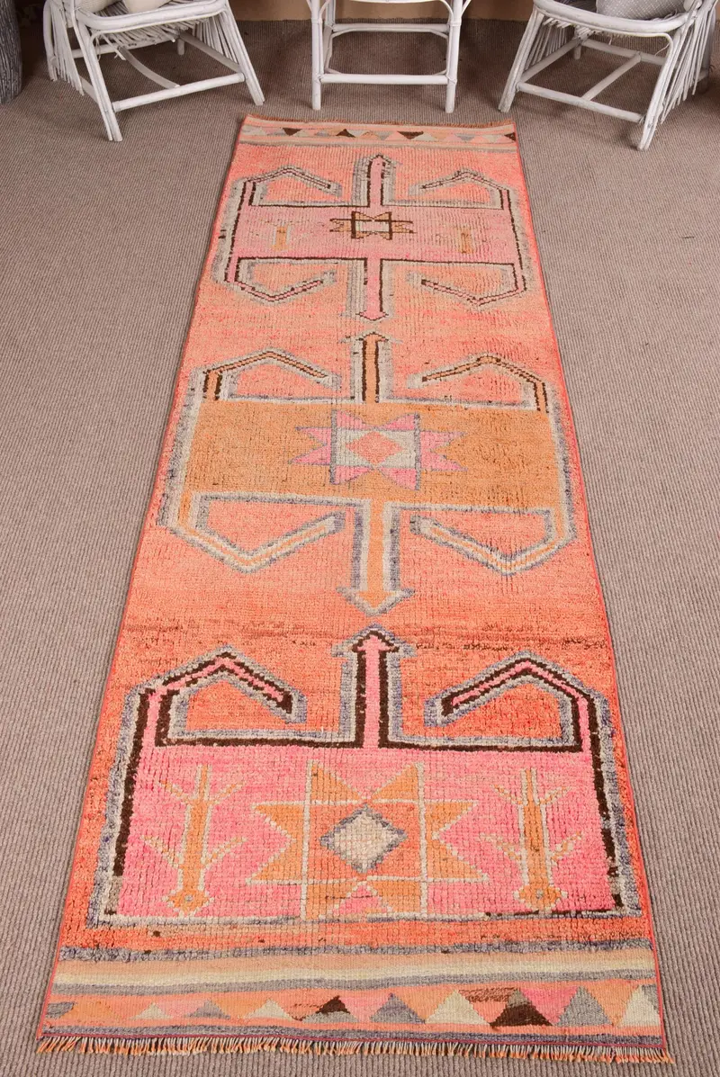 2,8x9,9 ft Läufer Türkischer Teppich, Vintage Teppich, Orange Rosa Geometrischer Wollteppich - 1