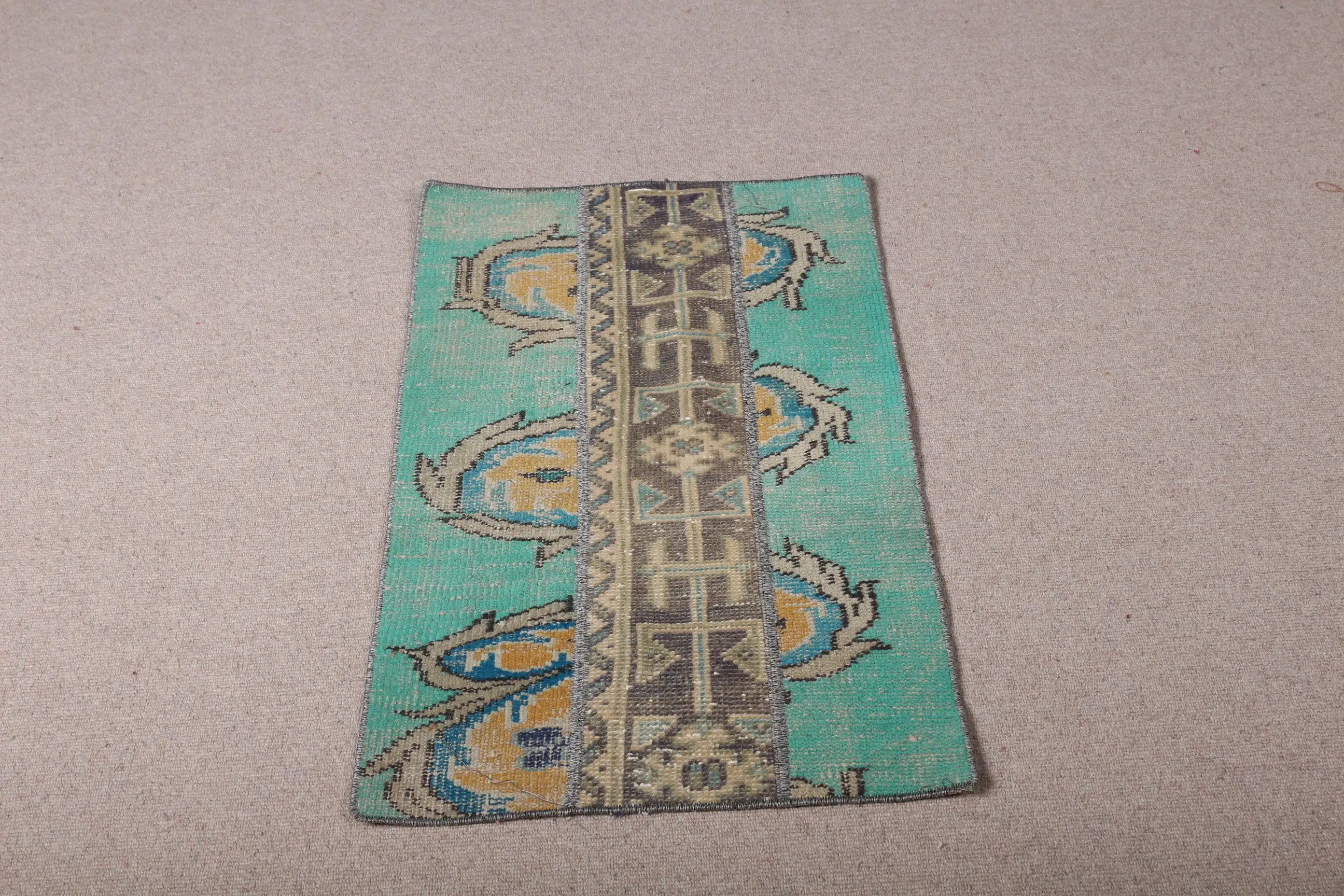 Turkish Small Rug 1.8x3.1 ft (55x95 cm), Vintage Blue Plants & trees Wool Rug - 1