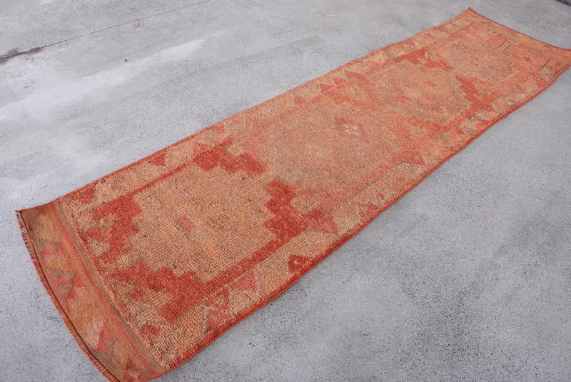 Alfombra turca vintage Herki Runner 2,6x10,4 pies, alfombra de lana de camuflaje naranja - 1