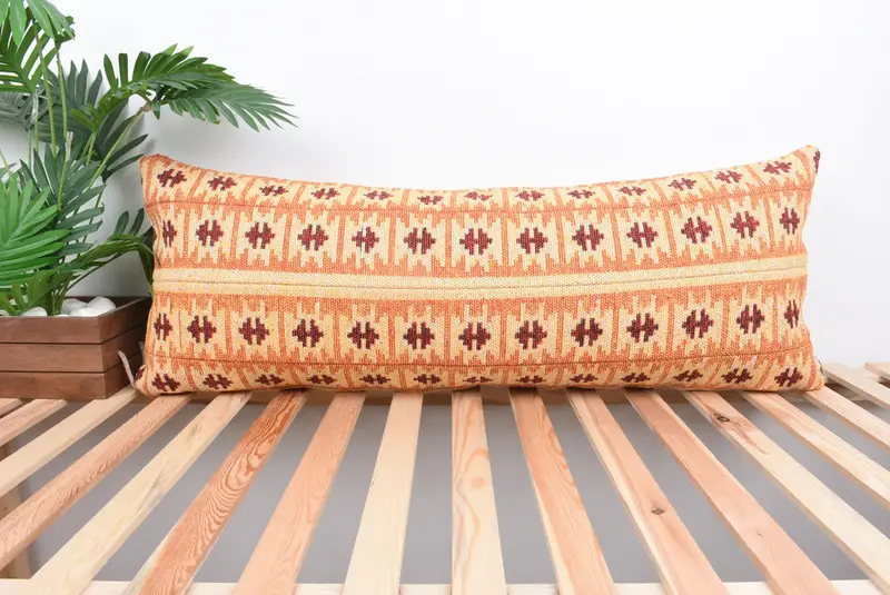 16x43 Orange Cushion Cover, Christmas Cushion, Cushion Cover, Aztec Cushion, Turkish Kilim Pillow, Handmade Kilim Cushion, Home Decor Pillow - 1