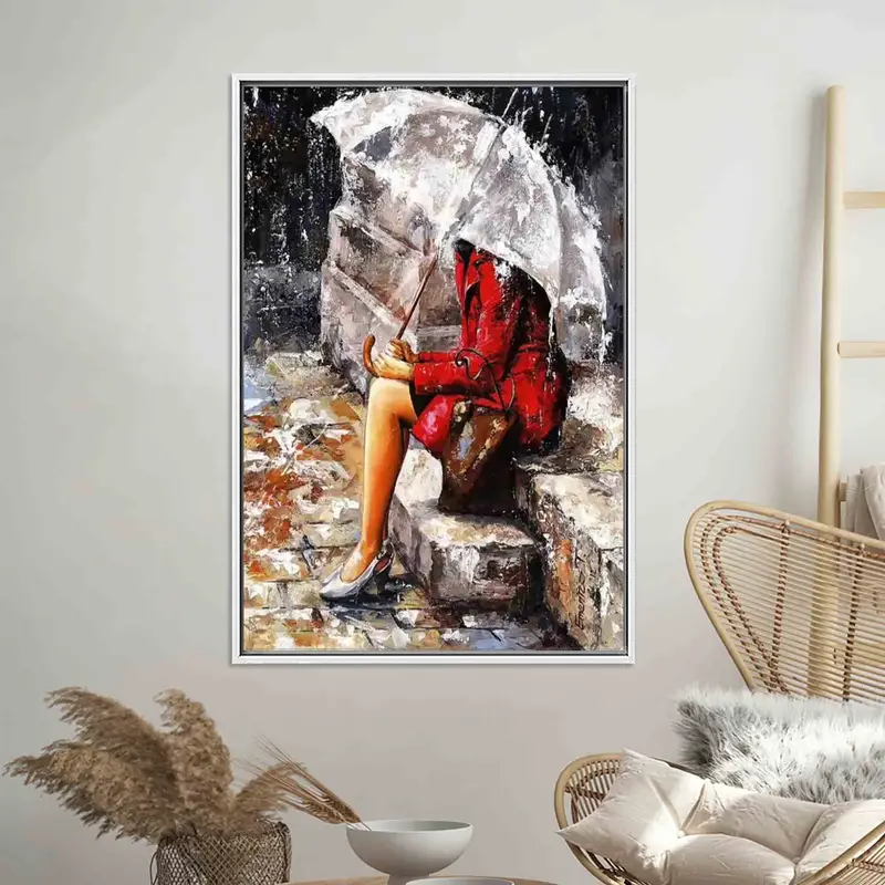 Elegante Leinwand: Frau mit Regenschirm an einem regnerischen Tag